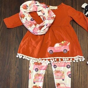 Marie Nicole Orange tunic leggings and Scarf Set with Pink Truck pumpkin Print
